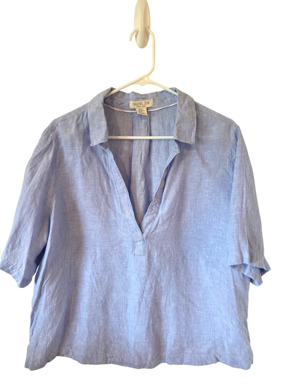 Rachel Zoe Womens Short Sleeve Linen Popover Blouse Size XL Light Blue